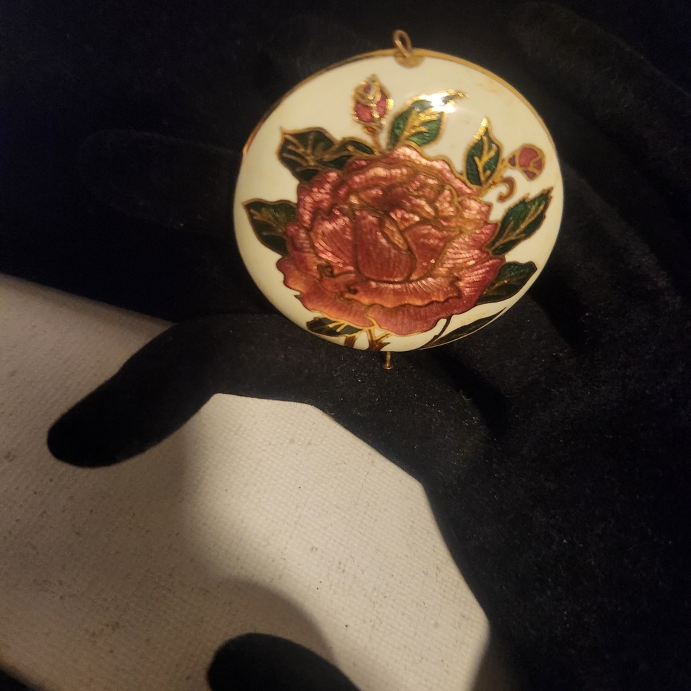 Vintage Cloisonne Enamel Rose Pendant Brooch‎ Gold Tone Pink Floral Jewelry 1.5"